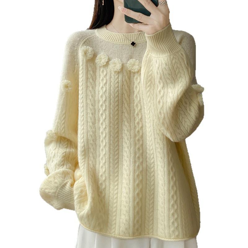 New Soft Waxy Wool Sweater Lazy Wind Knitted Crew Neck Sweater Thin Top Three-Dimensional Jacquard Hollow Wool Sweater Women