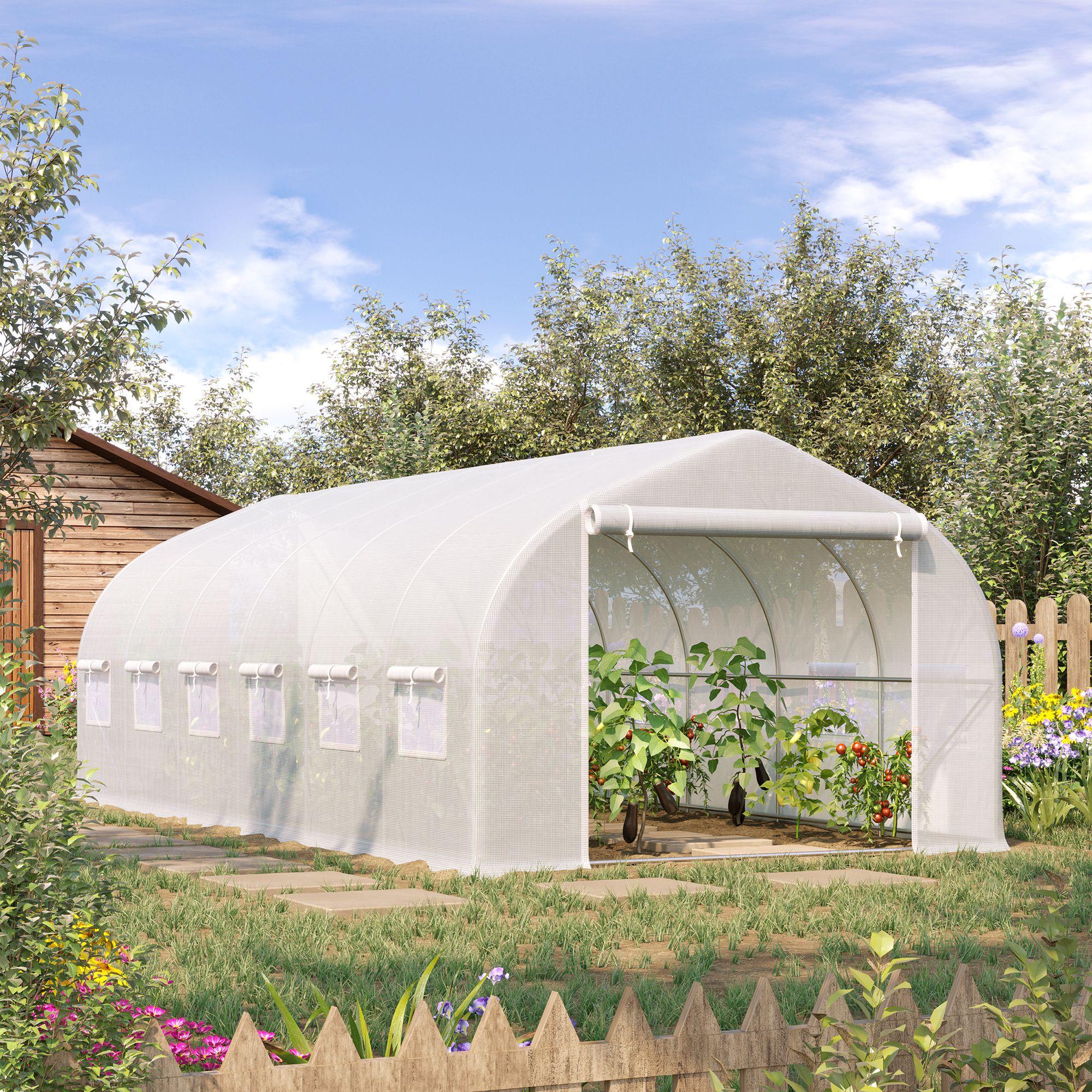 Serre Tunnel de Jardin Serre 6x3x2 M Grande Serre de Jardin Avec 12 Fenêtres Et Porte à Rouleau Zippée Châssis en Métal Pour la Culture des Plantes Blanc