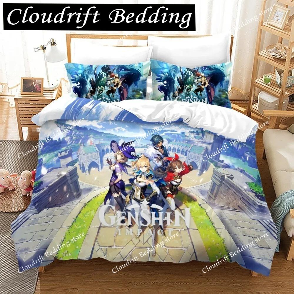 Genshin Impact Bedding Set Cartoon Anime Duvet Cover Single Double Size Kids Boys Luxury 3D Bed Linen Decor Home