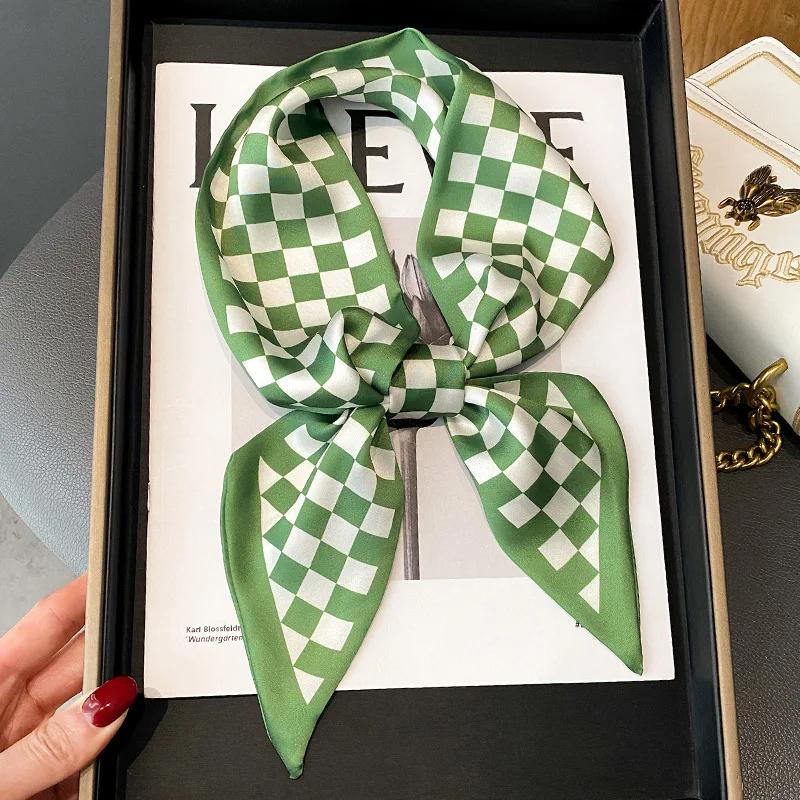 Skinny Ribbon Silk Scarfs for Women Luxury Lattice Checkerboard Print Neck Ties Hairband Bag Neckerchief Foulard Female headband