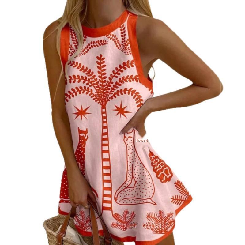 2025 European & American Printed Linen Sleeveless Mini Dress for Women