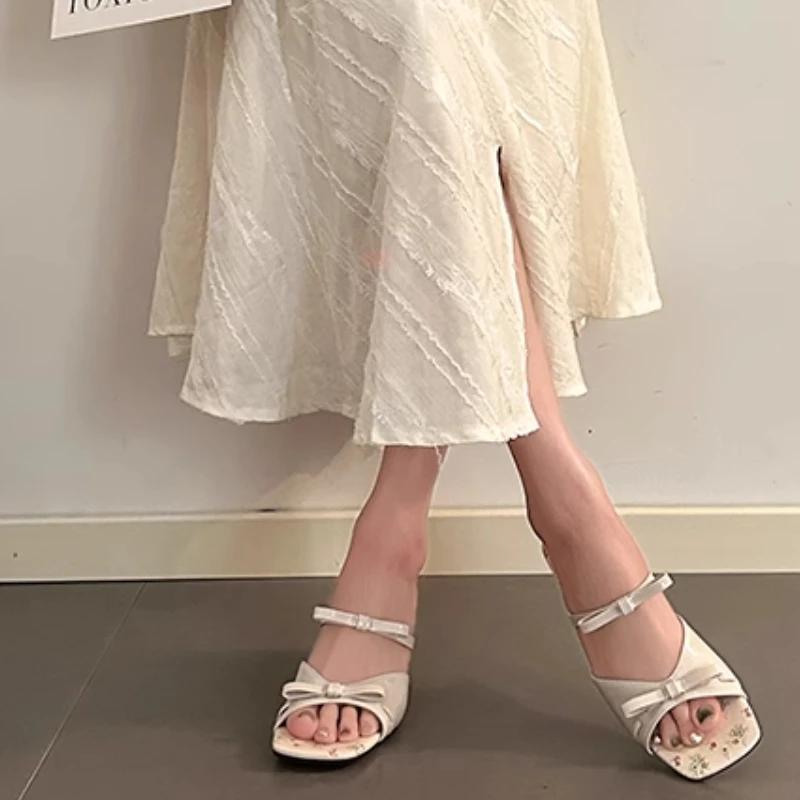 Fashion New arrival summer mid-heeled slippers square toe open toe shallow mouth women's pink bow wedge sandals one-step shoes