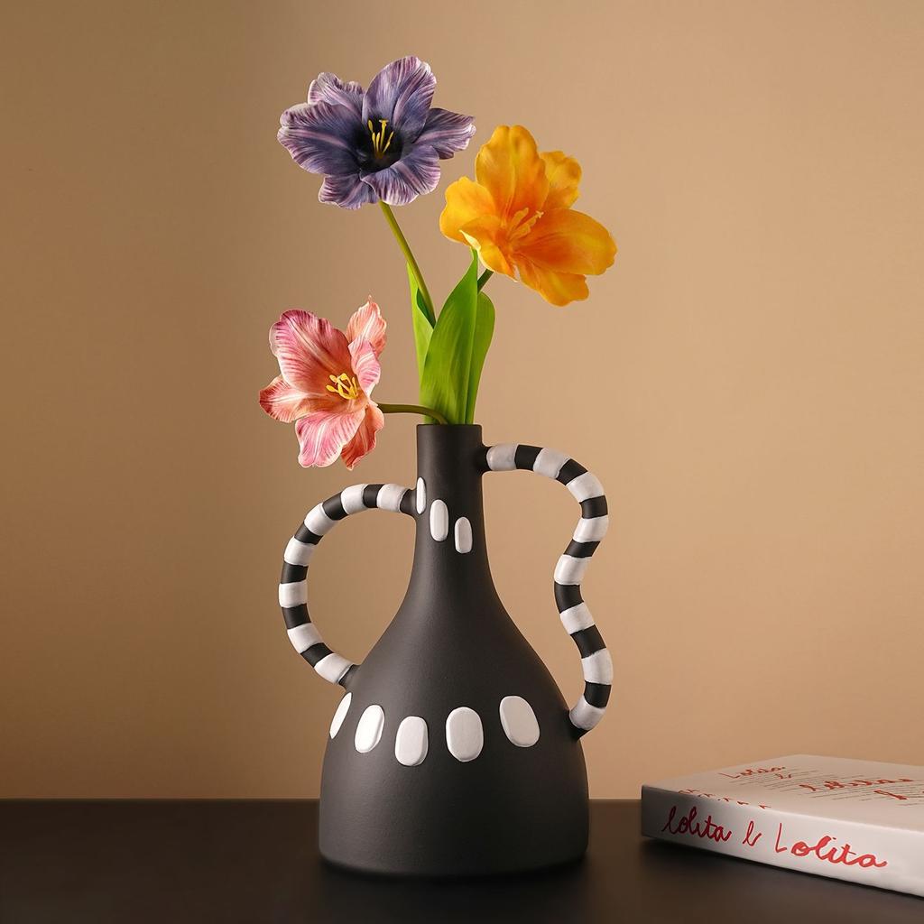 Ceramic Vase Black and White Dots Flower Vase Geometric Stripes Abstract Handle Flower Arrangement Pot Home Decoration