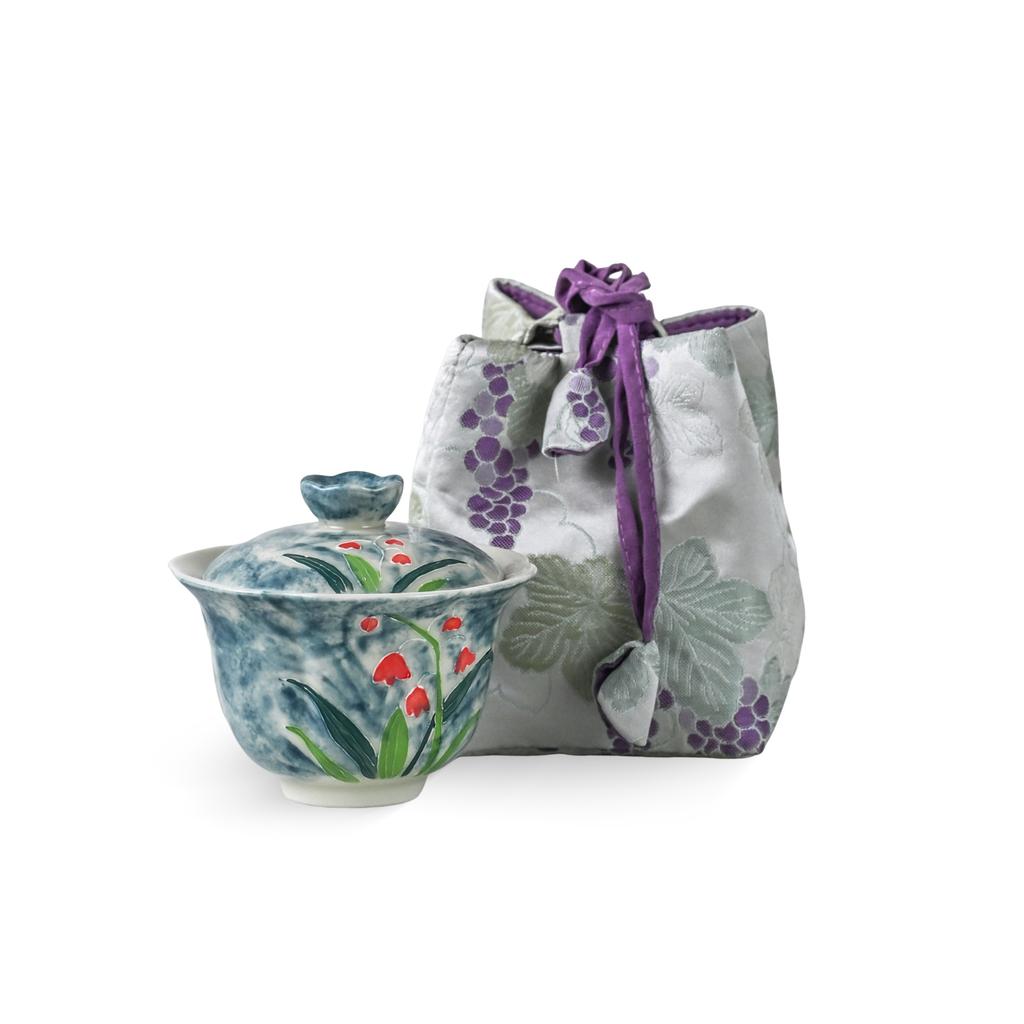 Guochao Hand-Painted Orchid Cover Bowl Two Cup Set Portable Cloth Bag Outdoor Tea Drinking High Value Light Luxury Travel Tea Set