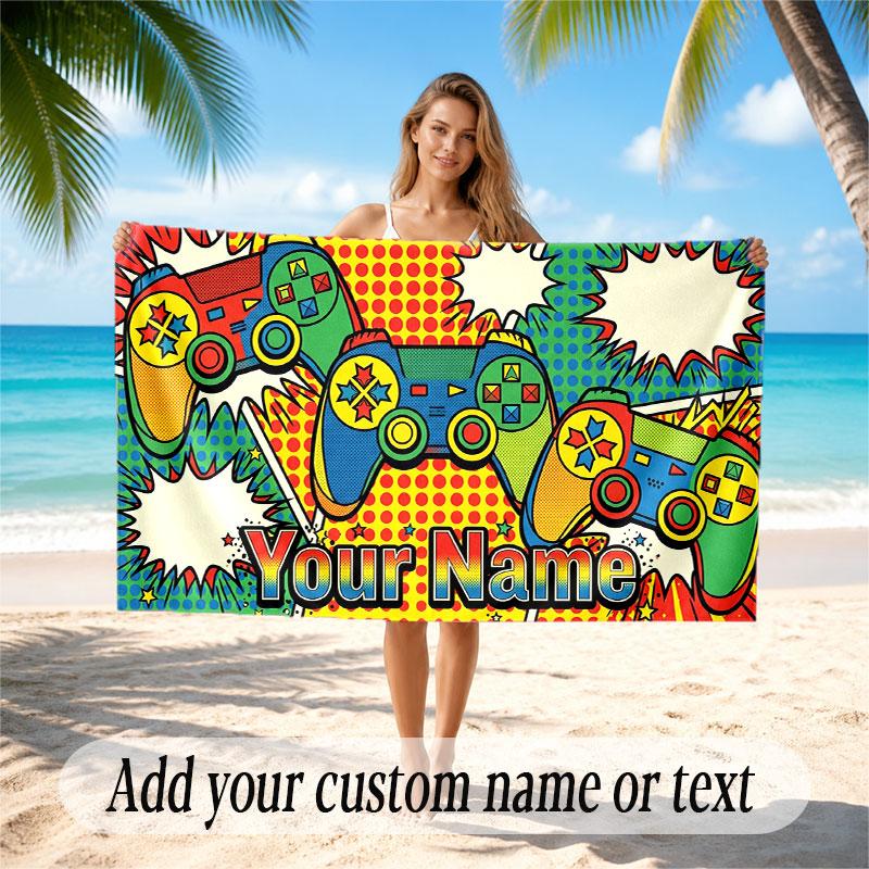 Game Controller Theme Beach Towel Personalized Custom Name & Text Soft Quick Dry Beach Towel for Swimming Travel