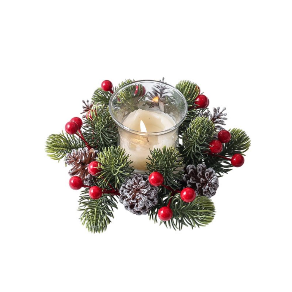 Christmas Wreath Artificial Berries Pinecone Pine Candlestick Wreaths Candle Holder Garland Home Xams Party Table Decoration