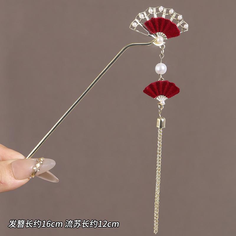 Vintage Chinese Style Rose Hairpin For Women Red Flower Element Tassel Hair Stick Elegant Exquisite Handmade Hair Accessories