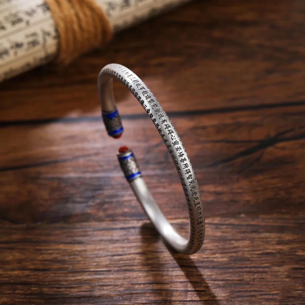 Enamel Heart Sutra Bracelet for Women, Vintage Open Bangle, Ethnic Style, Retro Artistic Personality, National Trend Bracelet, Burnt Blue