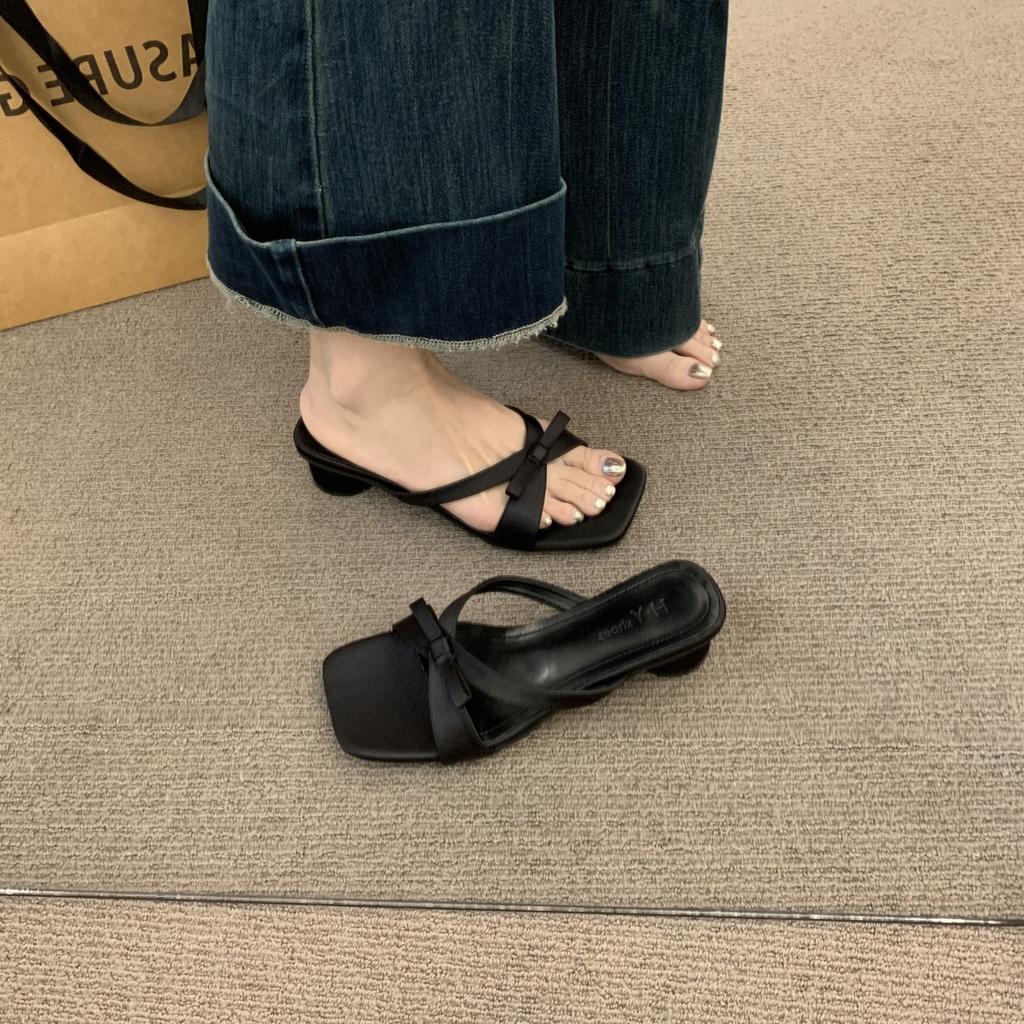 Fashion Slippers Casual Female Shoes Beige Heeled Sandals Slides Butterfly-Knot Square heel Luxury 2025 Black Block Butterfly-knot