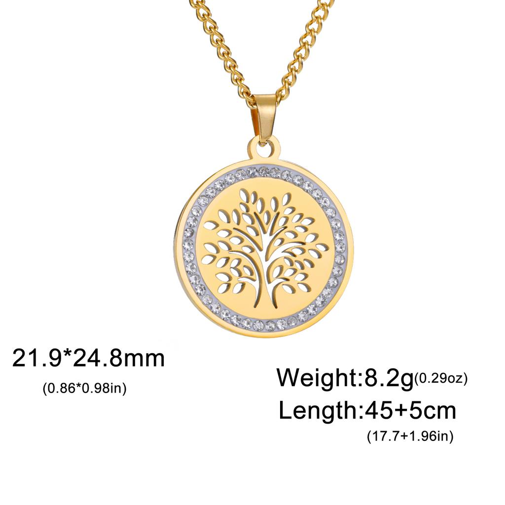 Tree of Life Clear Zircon Round Pendant Necklace Women Stainless Steel Gold Color Neck Chains Luxury Jewelry Wedding Gift