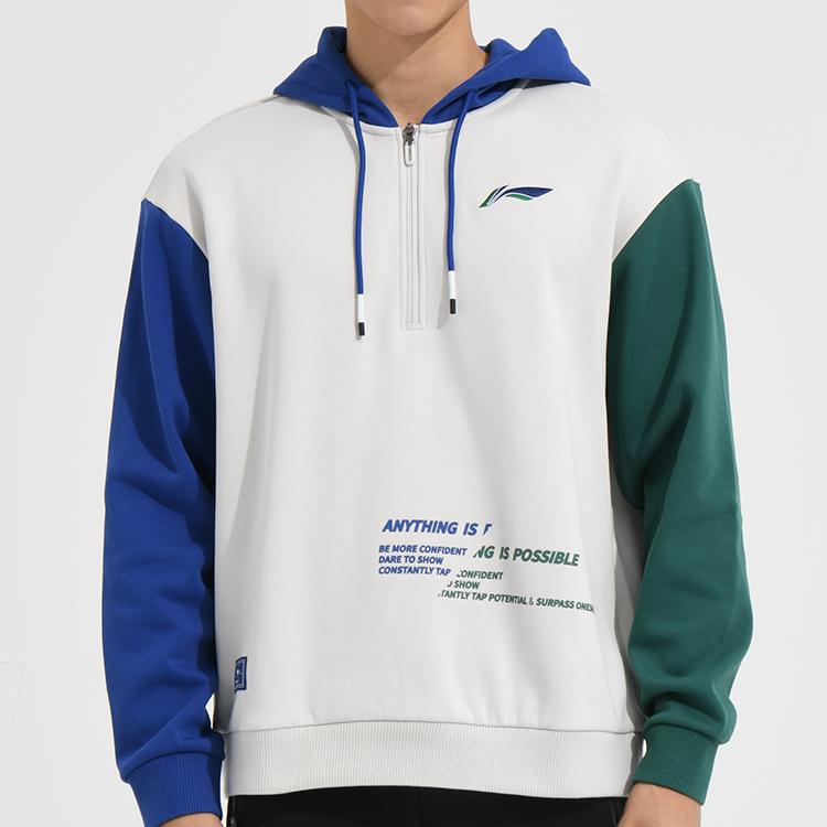 Li Ning Badminton Series Three-Color Spliced Letter Print Thick Sports Hoodie Long Sleeve Men Hoodies Glacier-Gray AWDSD49-1