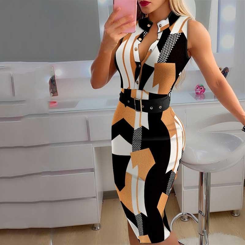 Moda Roupas Femininas Verão Elegante Gola Redonda Botão Sem Mangas Cinto Casual Vestido Midi Cintura Média Slim Vestido A-line