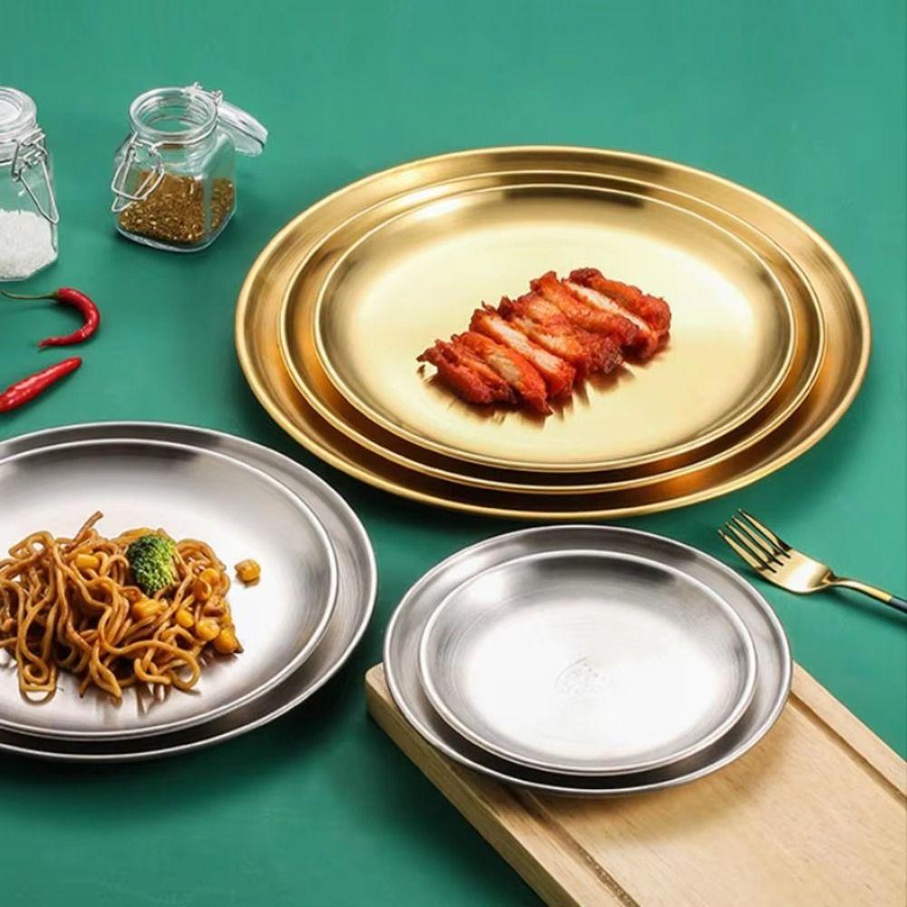 Cake Plate Reusable Picnic Dinner Plate 14/17/20/23/26cm Stainless Steel Dining Tray Round Shape Stackable Dessert Plate Hiking
