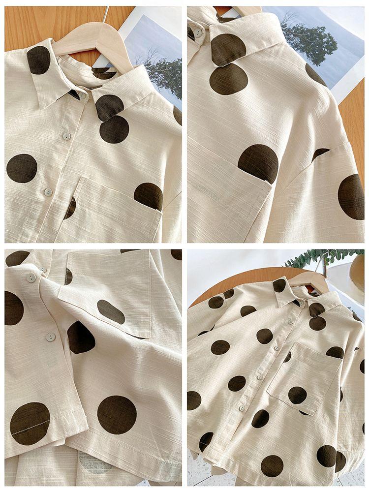 Plus Size Casual Loose Cotton Linen Shirts For Women Japanese Harajuku Style Short Tops Polka Dot Sleeves Shirt
