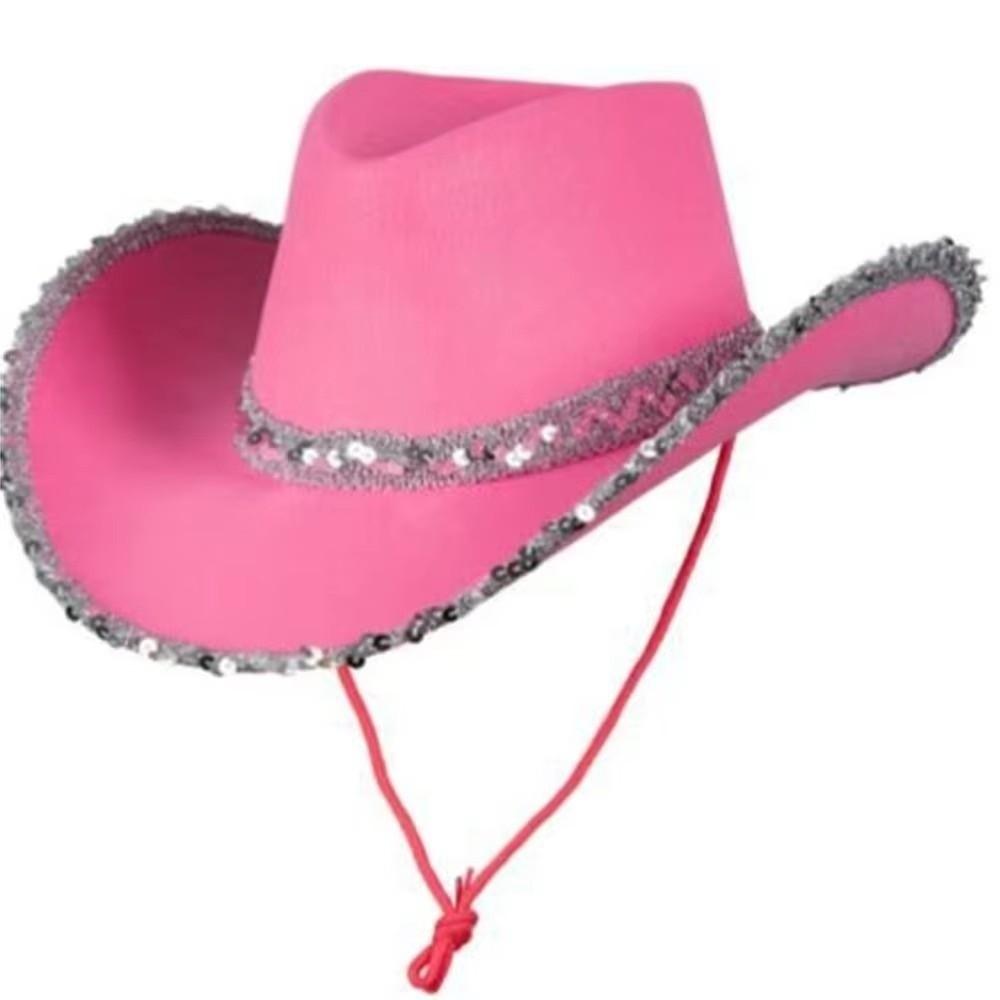Solid Color Western Cowboy Hat Furry Trim Sequin Cowgirl Hat Top Hat  Cowgirl Party Decorations