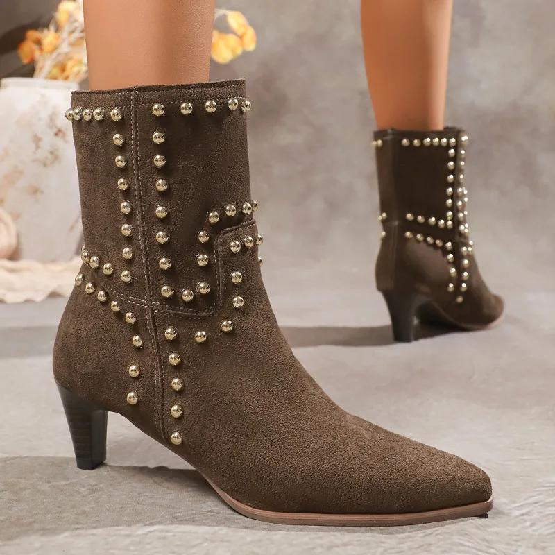 Fashion 2025Fashion Fine Heel Single Boots New Retro Women's Shoes Square Toe Rivet Non-slip Wear-resistant Mid-tube High-heeled Boots