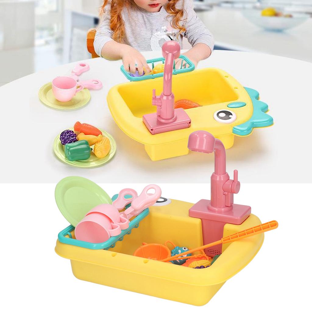 2 in 1 Play Kitchen Sink Toys with Running Water Automatic Faucets Pretend Dinosaur Fishing Toys