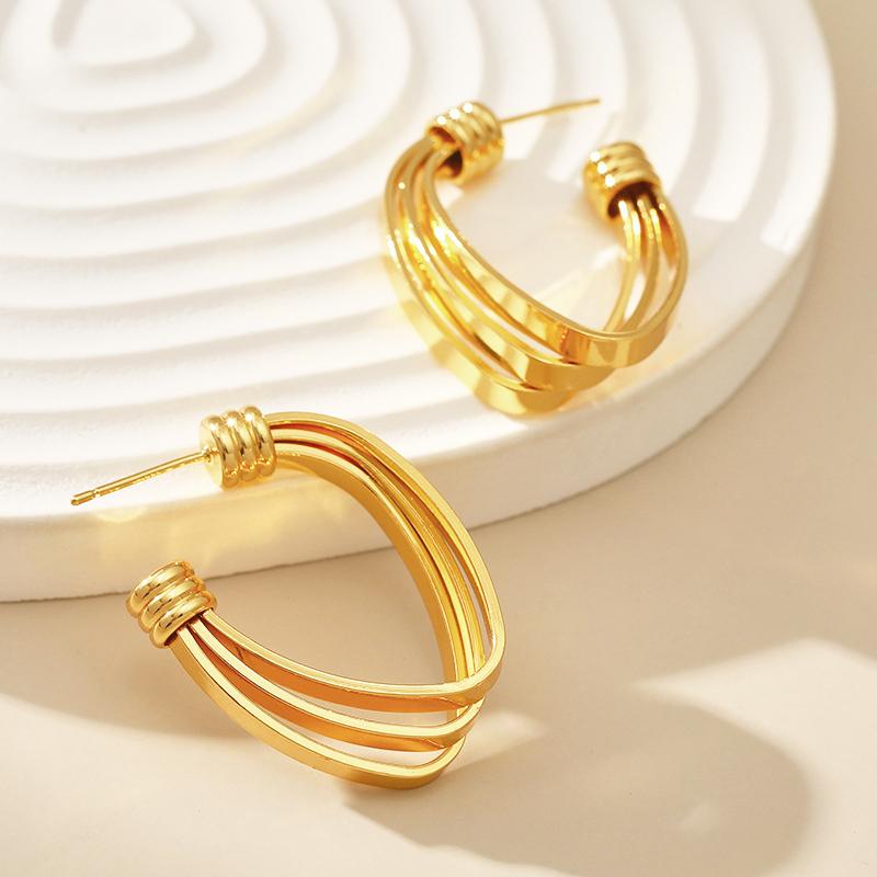 Three-layers Hollow C-shaped Women's Drop Earrings Gold Curved Metal Dangle Earrings Silver Geometry Ear Jewelry