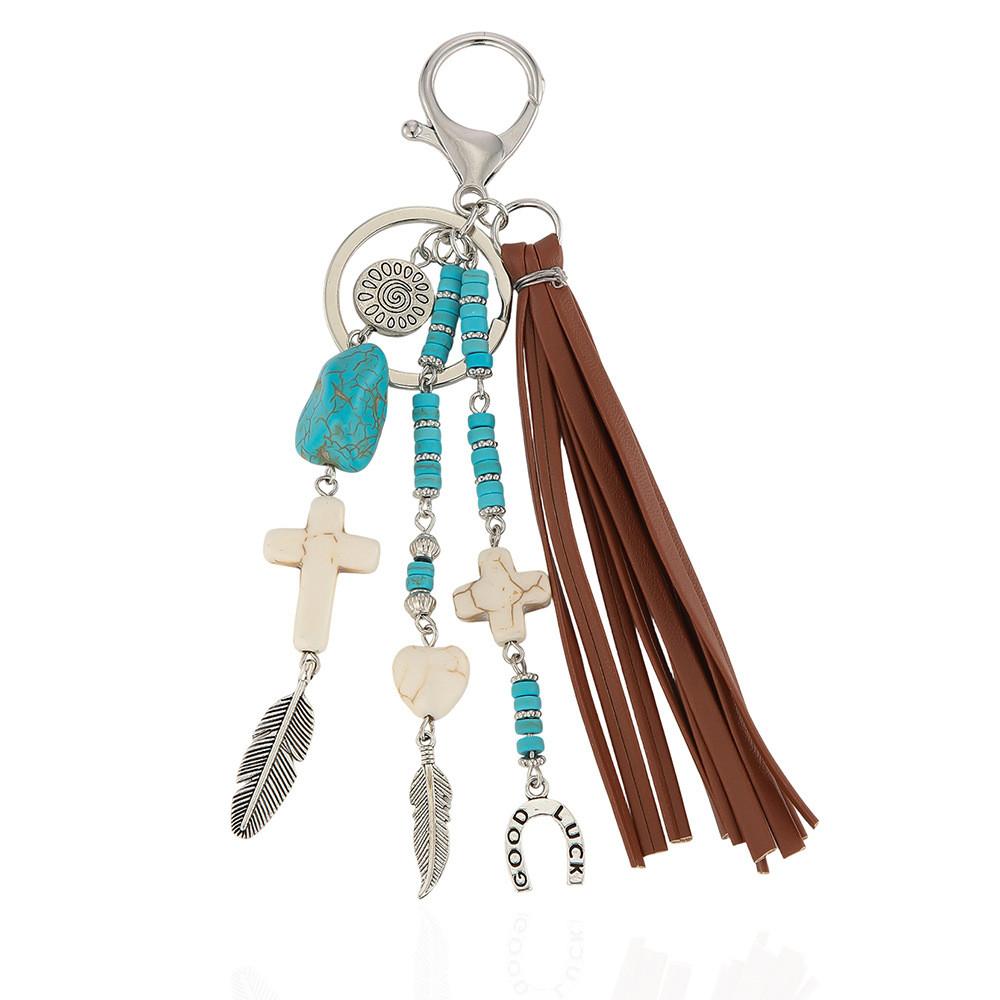 Boho Western Feather Cross Pendant Keychain With Handcrafted Wool For Casual Use
