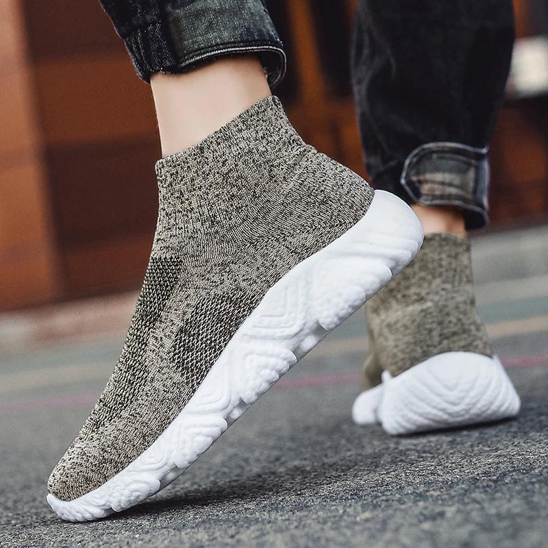 Fashion Autumn Classic Khaki Men's High-top Sneakers Big Size 47 Weave Breathable Sneakers Men Slip-on Platform Jogging Shoes Casual Men