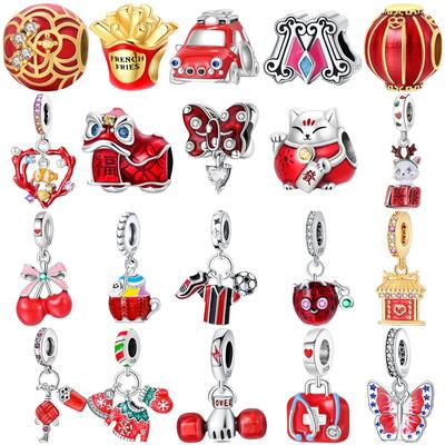 Original Copper Red Lantern Cat Butterfly Cherry Car Fries Charm Beads For Pan Dly Bracelet Women Jewelry Gifts