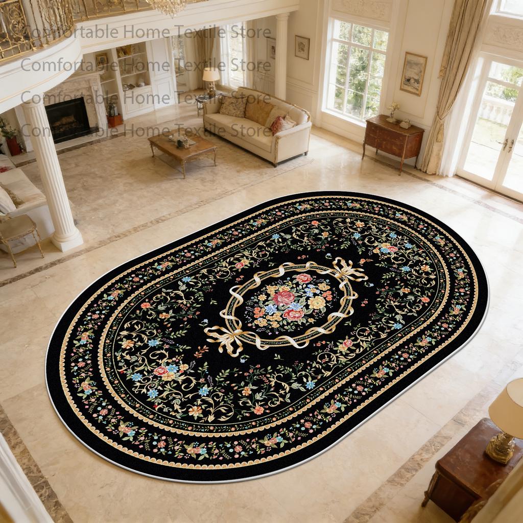 European Luxury Style Oval Living Room Carpet Decoration Bedroom Bedside Non-slip Soft Rug Washable Short Velvet Fluffy Foot Mat