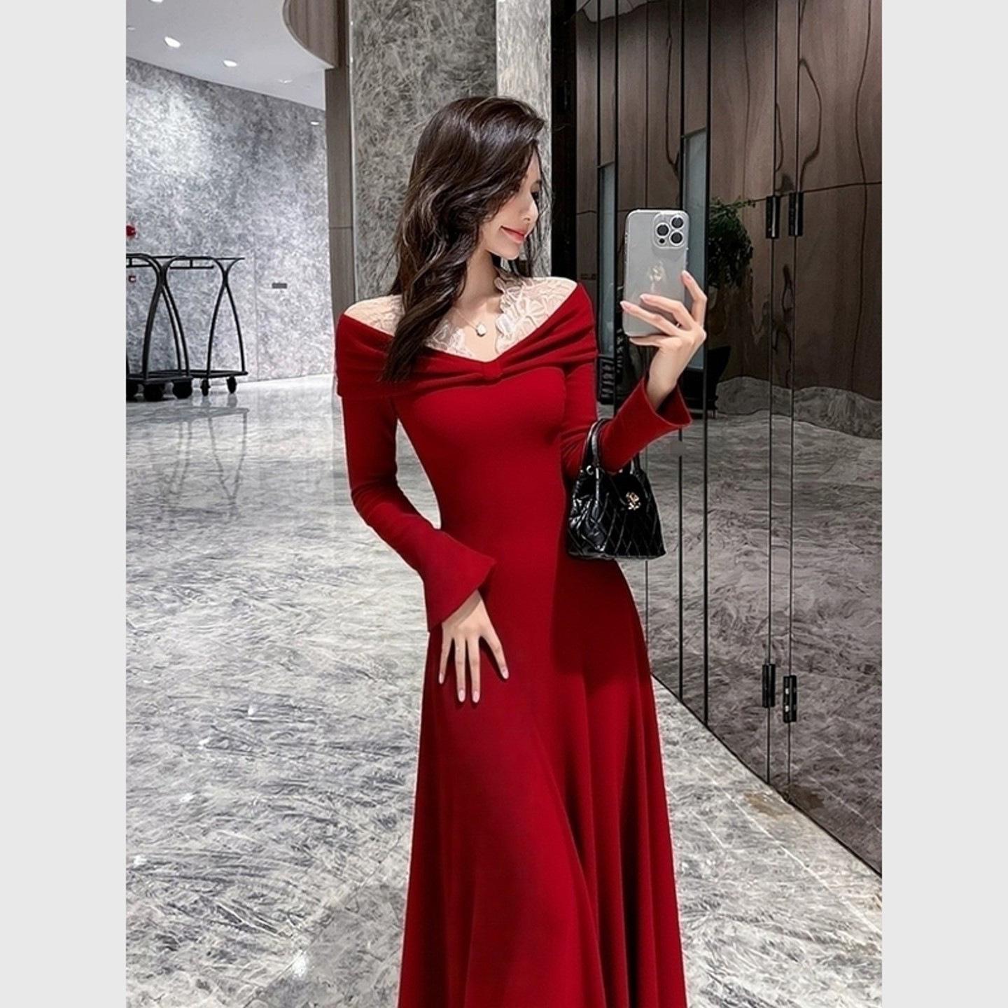 

2026 Elegant Red Lace Patchwork Dress for Girls & Women, Perfect for Spring/Autumn & New Year, Slimming Long Design XL красный