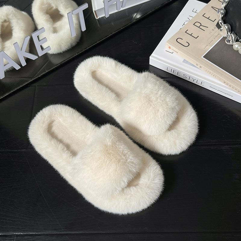 

Fairy wind fluffy slippers female autumn and winter new fluffy home flat bottom wearing plush one-word slippers female 35