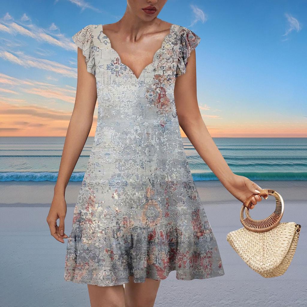 Women's Fashion Casual V Neck Wavy Edge Texture Print Short Sleeve Dress
