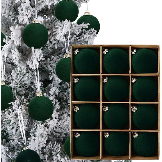 12pcs Christmas Tree Hanging Ball Decoration 2.4Inch Velvet Christmas Ornaments Balls Flocked Shatterproof Plastic Xmas Tree Ball for Party Holiday