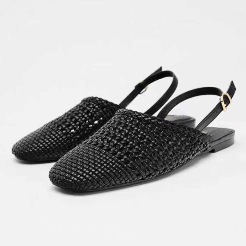 Fashion Handmade Woven Black Mesh Brand Flat Sandals Women Fashion Back Strap Buckle Designer Shoes Comfort Round Toe Casual Beach Shoes