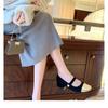 Lederschuhe wollene High Heels Damen Ein-Knopf dicker Absatz Mary Jane Schuhe vielseitige Schuhe leichte Mund Einzelne Schuhe