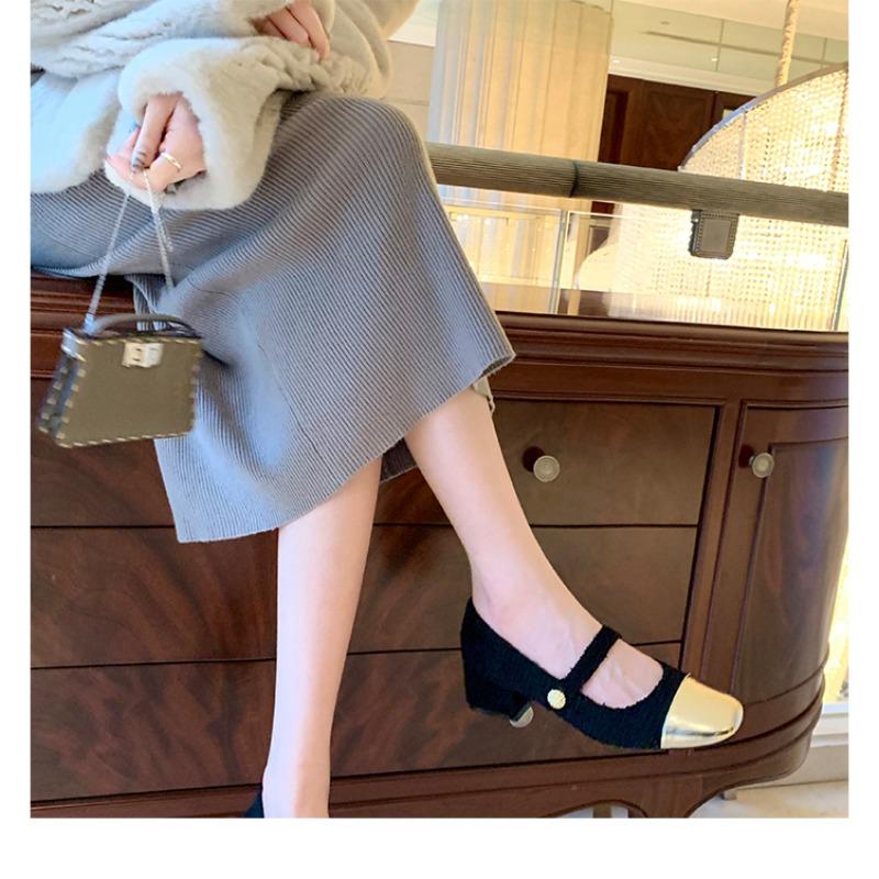 Lederschuhe wollene High Heels Damen Ein-Knopf dicker Absatz Mary Jane Schuhe vielseitige Schuhe leichte Mund Einzelne Schuhe