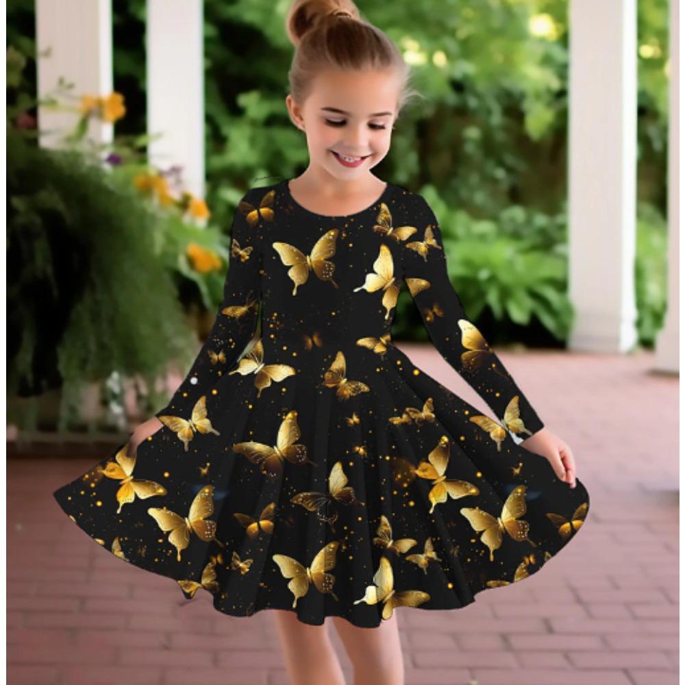 Girl Casual 3D Glitter Butterfly Print Round Neck Long Sleeve Dress Kid Princess Dress