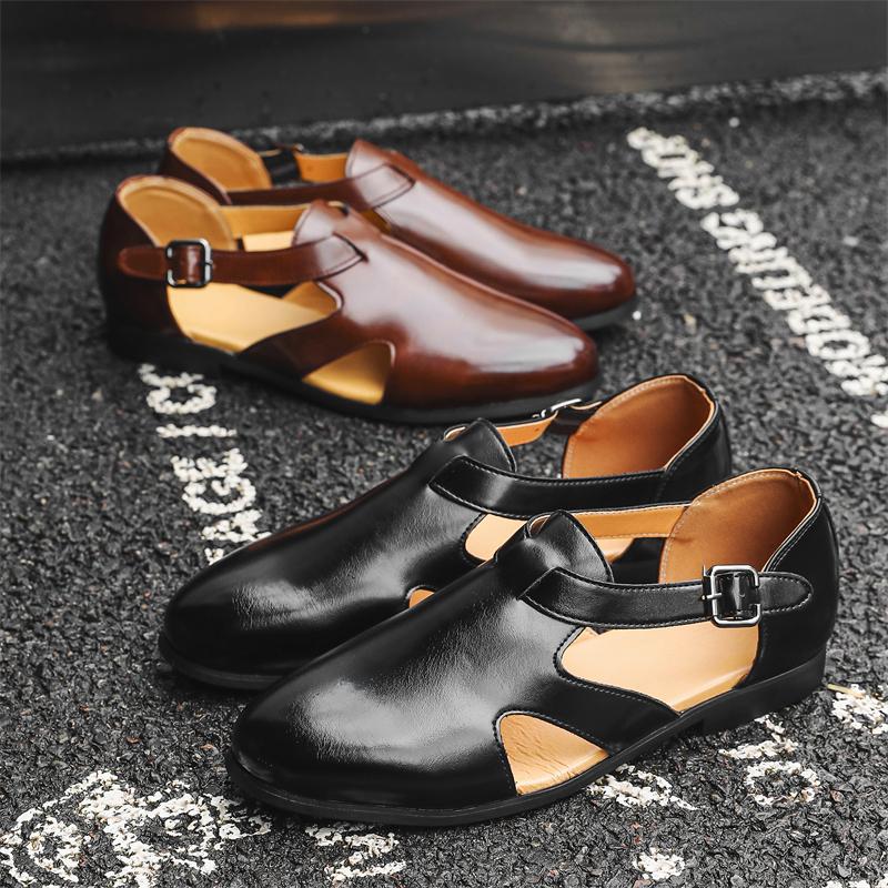 Fashion Summer New Business Sandals Black Brown PU Breathable Hollow Roman Buckle Formal Sandals Size 38-46 Men Sandals