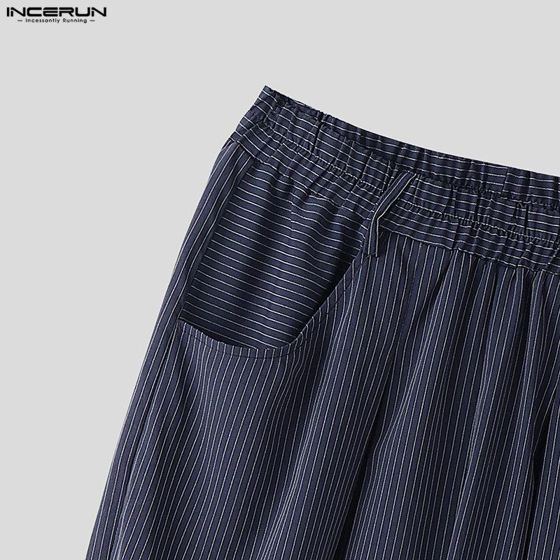 INCERUN Herren Freizeit Elastischer Bund Gestreifte Lange Weite Beine Hosen