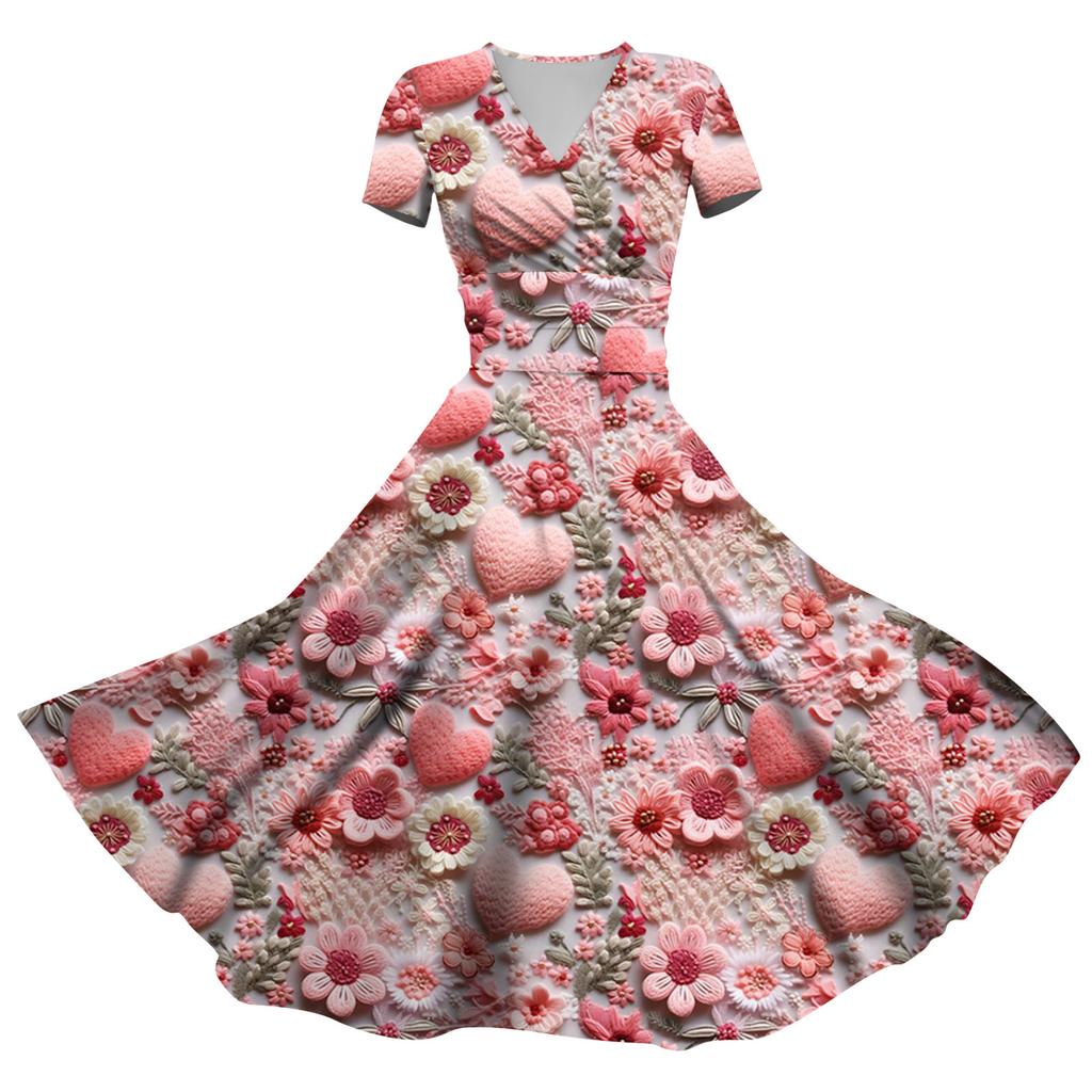 Ladies' Fashion Casual Valentine's Day Printed Twisted Strip Short Sleeve Pocket Dress