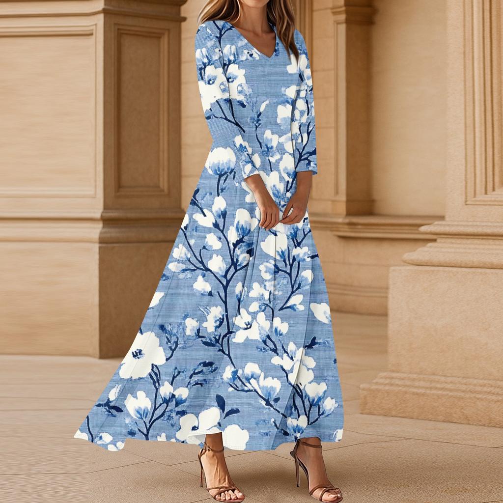 Women's Casual 3/4 Sleeve V-Neck Floral Print Maxi A-Line Beach Dress