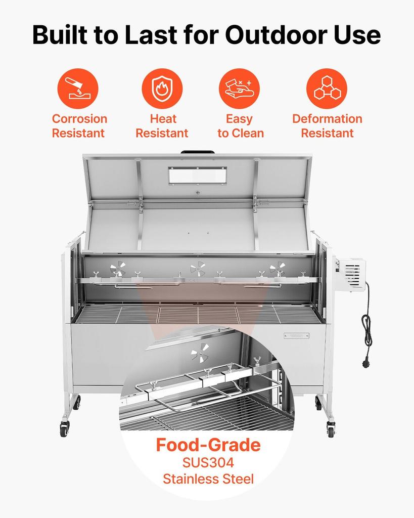 Grill Rotisserie, 38W Grill BBQ Zewnętrzny Rożen do Wieprzowiny i Jagnięciny, Węglowy Rożen o Pojemności 60 kg, Kółka i 4 Poziomy Wysokości, Stal Nierdzewna