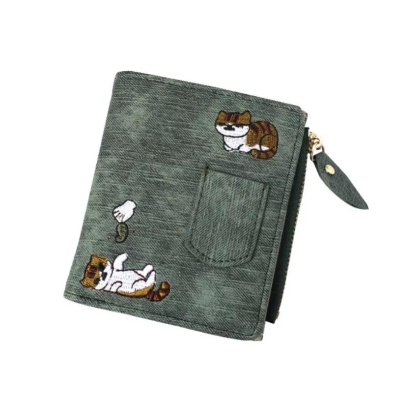 Fashion Cowboy Style Wallet Cat Embroidery Pattern Large Capacity Buckle Phone Pocket Bag Coin Purses for Women Men