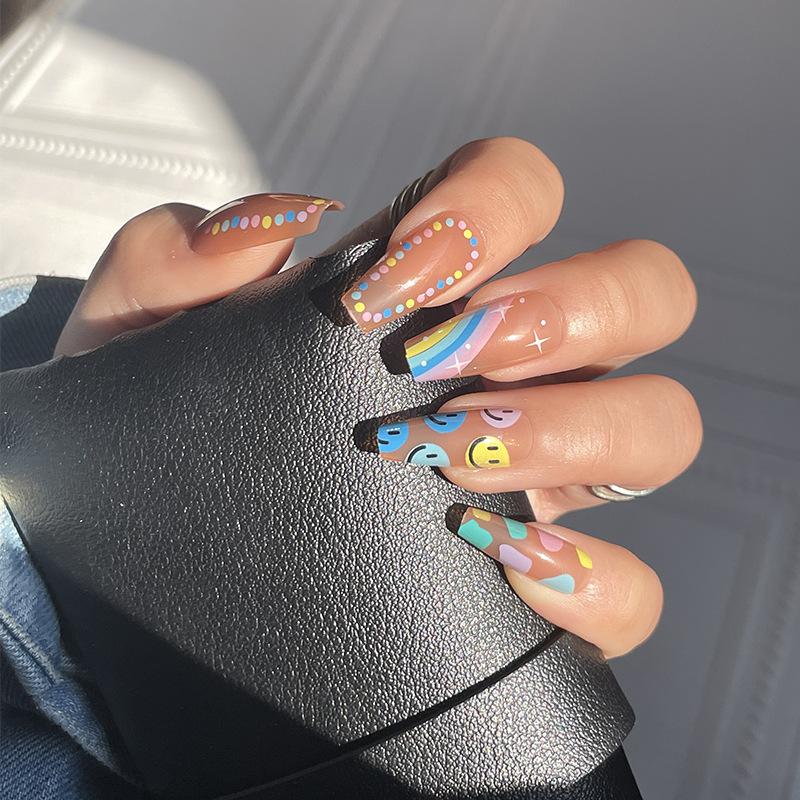 Rainbow Polka Dot Smiley Face Cute Nail Art Piece Finished Nail Art Medium and Long Wearing Nail Finished Nails