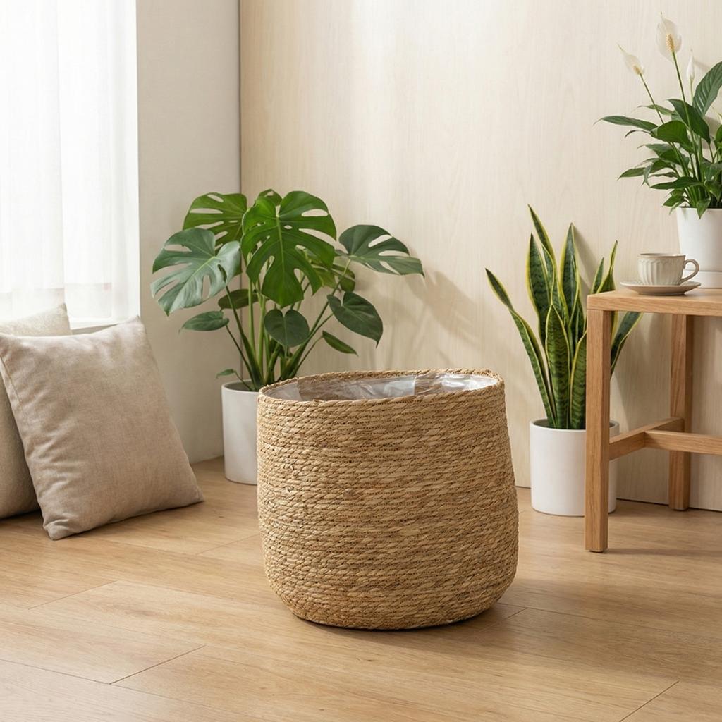 Handwoven Seagrass Plant Basket with Plastic Liner Natural Material Storage Container for Indoor Use Floor Decorative Pot Cover