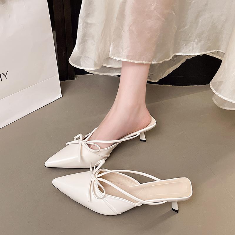 Moda Nuevo Popular Puntera Lazo Tacón Alto Zapatillas Medias de Verano para Mujer Baotou Boca Baja Sexy Sandalias y Zapatillas de Tacón Fino