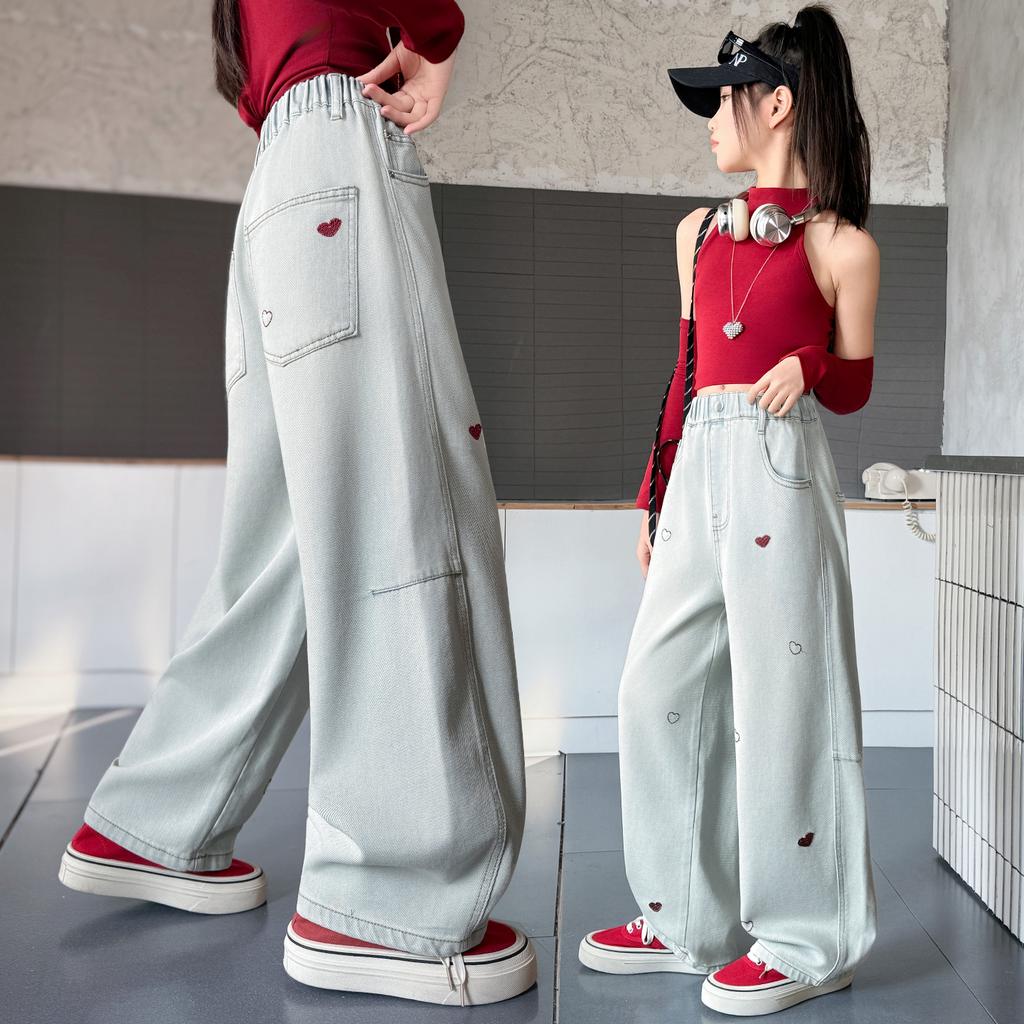 Girls' Spring Jeans 2026 New Style Girls' Love Bending Knife Pants Medium and Large Children's Versatile Straight Leg Pants