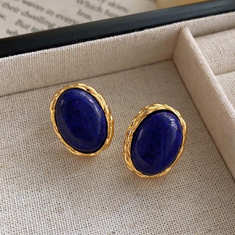Chinese Style Lapis Lazuli Earrings: Vintage Retro Silver Studs with Light Luxury Ancient Design for Women