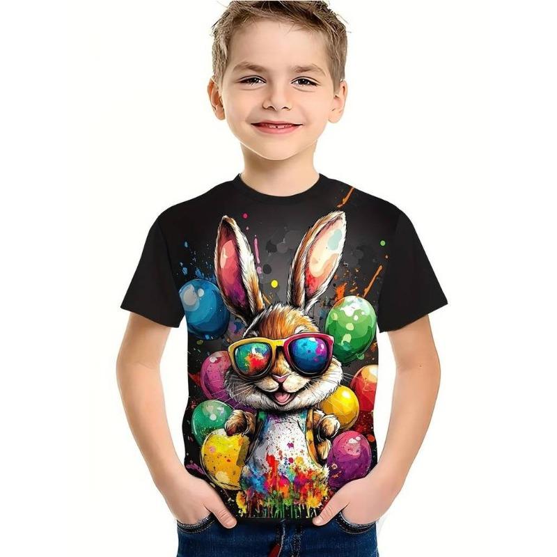 Summer Round Neck 3D Cartoon Rabbit Printed Top Fashionable Casual Short Sleeved Children's Boy T-shirts
