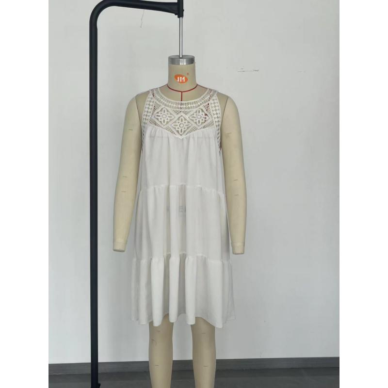 Women's Halter Neck Beach Dress Hollow Out Lace Patchwork Tiered Ruffle A Line Casual Vacation Sleeveless Midi Dress