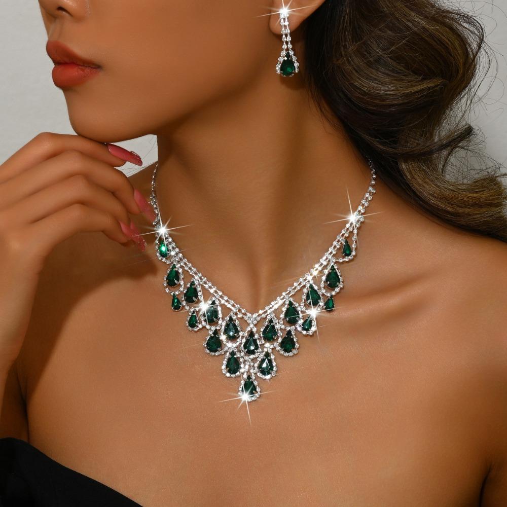 Shining Inlay Rhinestone Jewelry Set Water Drop Pendant Women Jewelry Set Bridal зелёный