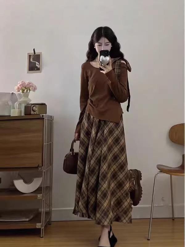 Amber Plaid Two-Piece: Bow Long Sleeve Top & Retro Skirt Set