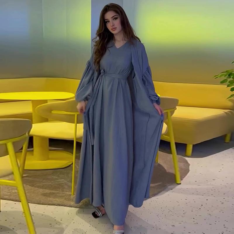 Autumn 2024 European & American Solid Color V-Neck Tie Waist Slim Long Robe Dress Set